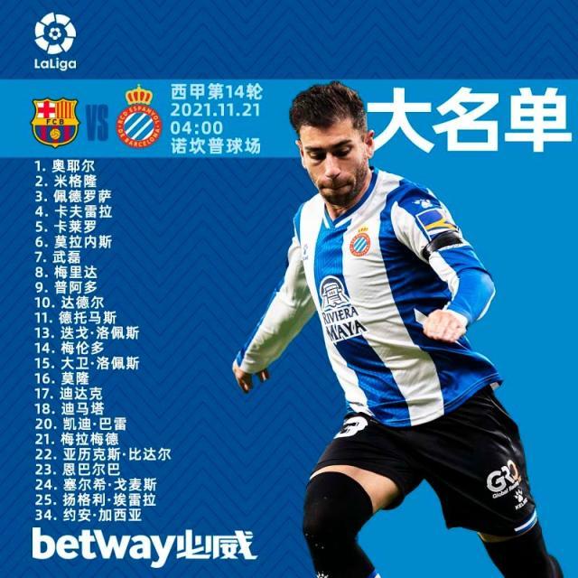 世界杯官方正版-西班牙人公布战巴萨大名单 武磊入选德托马斯在列